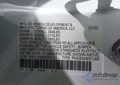 2023 Honda Civic Sport z USA, uszkodzony, nr VIN 19XFL2H84PE005422